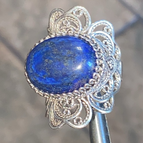 Genuine Lapis Lazuli Sterling Filigree Ring - Picture 5 of 11